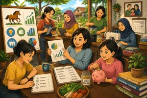 Mahasiswa KKN Unhas bersama perempuan Desa Biangloe membangun literasi keuangan, menguatkan ekonomi keluarga, mengelola risiko usaha, dan menumbuhkan kesejahteraan berkelanjutan melalui edukasi kolaboratif. (Ilustrasi: ChatGPT).